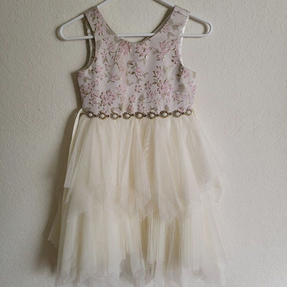 Couture Princess Girls Ivory Tulle Size 8 Pink-Gold Floral Brocade/rhinestone - Picture 1 of 7